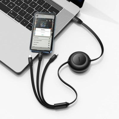 BASEUS 3 IN 1 Retractable Charging Data Cable (1.1M, Type-C to Type-C, Mirco USB, Lightning 100W)