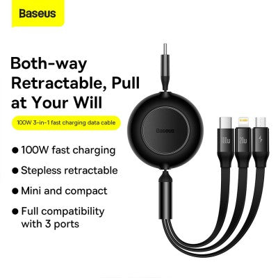 BASEUS 3 IN 1 Retractable Charging Data Cable (1.1M, Type-C to Type-C, Mirco USB, Lightning 100W)