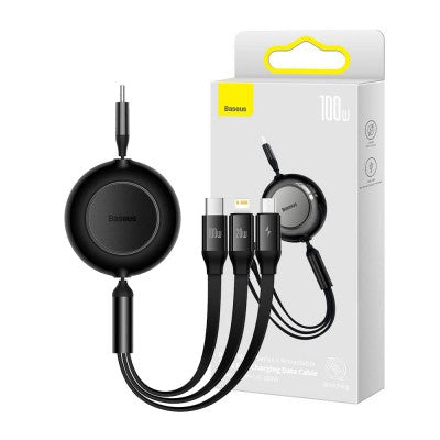 BASEUS 3 IN 1 Retractable Charging Data Cable (1.1M, Type-C to Type-C, Mirco USB, Lightning 100W)