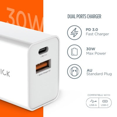 iQuick 30W PD3.0+QC3.0 Dual Ports Charger - White