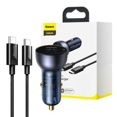 BASEUS Dual Quick Charger Car Charger Suit (65W, USB-A/ Type-C with Type-C to Type-C Cable 1m)