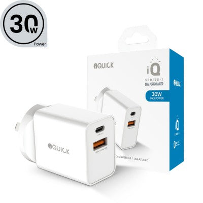iQuick 30W PD3.0+QC3.0 Dual Ports Charger - White